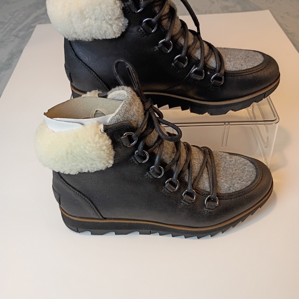 Sorel Harlow Lace Cozy Black Grey‎ Shearling Boots NL3733-010 Womens 6.5 NEW